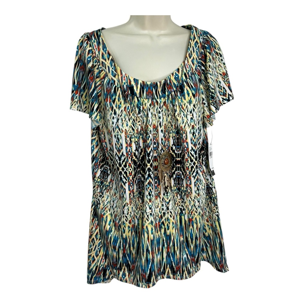 AB Studio Southwestern Boho Multicolor Patterned Women's Top with Necklace